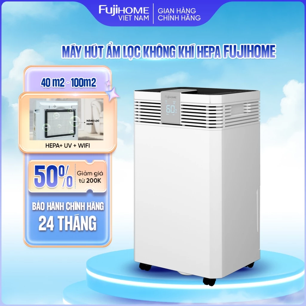 Máy hút ẩm công suất lớn 40-100m2 FUJIHOME DH60W kèm lọc không khí HEPA ,diệt khuẩn UV, kết nối Wifi điều khiển App