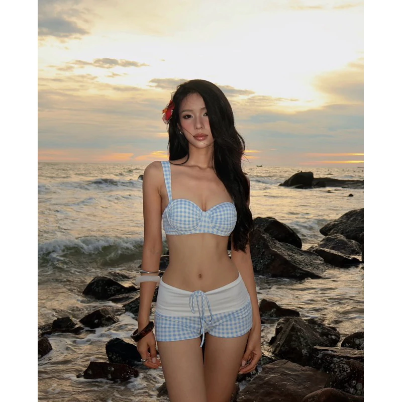 Bikini Nữ Caro Xanh 2 Mảnh Phối viền ren Ngực Dây Vai Form Ôm Body Đi Biển – Blue Gingham Push Up Bikini Set Women