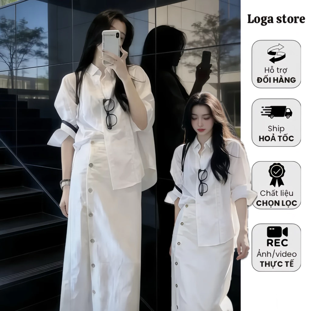 Set áo sơ mi trắng phối chân váy dài form suông,  Set đồ nữ công sở thanh lịch phong cách Hàn Quốc Logastore_L102