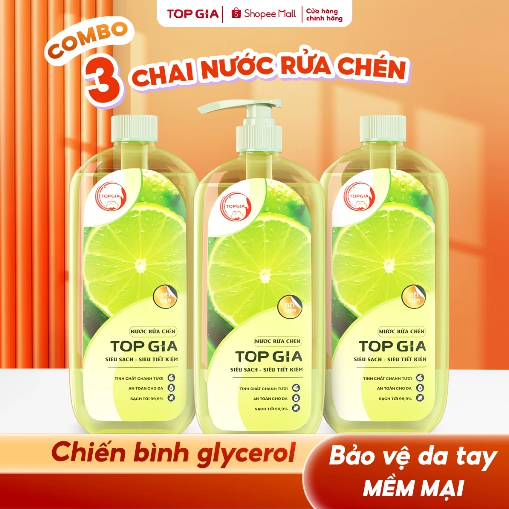 Combo 3 Chai Nước Rửa Chén Bát TopGia Thành Phần Tự Nhiên, Làm Sạch Dầu Mỡ, Bảo Vệ Da Tay, Chai 1kg