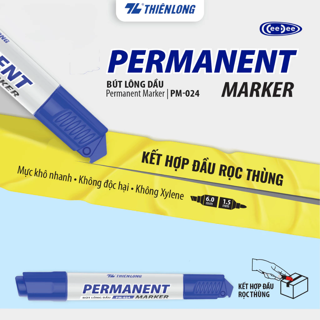 [Quà tặng không bán] Bút lông dầu Thiên Long 2 đầu mực - Permanent Marker PM-024 - Kết hợp đầu rọc thùng
