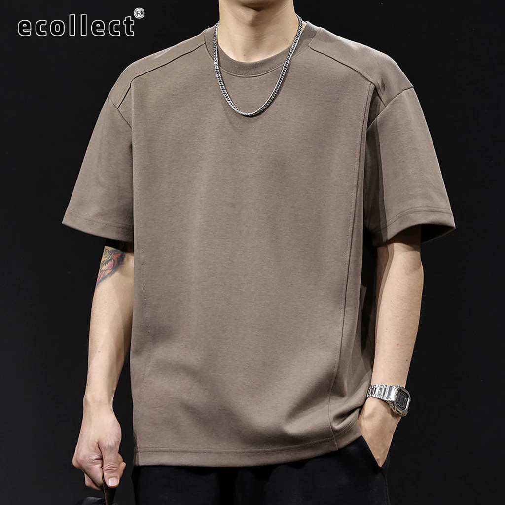 Áo thun nam ngắn tay ECOLLECT CT02 phom rộng phối đường may tối giản, vải cotton pha polyester thoáng mát, áo phông basi