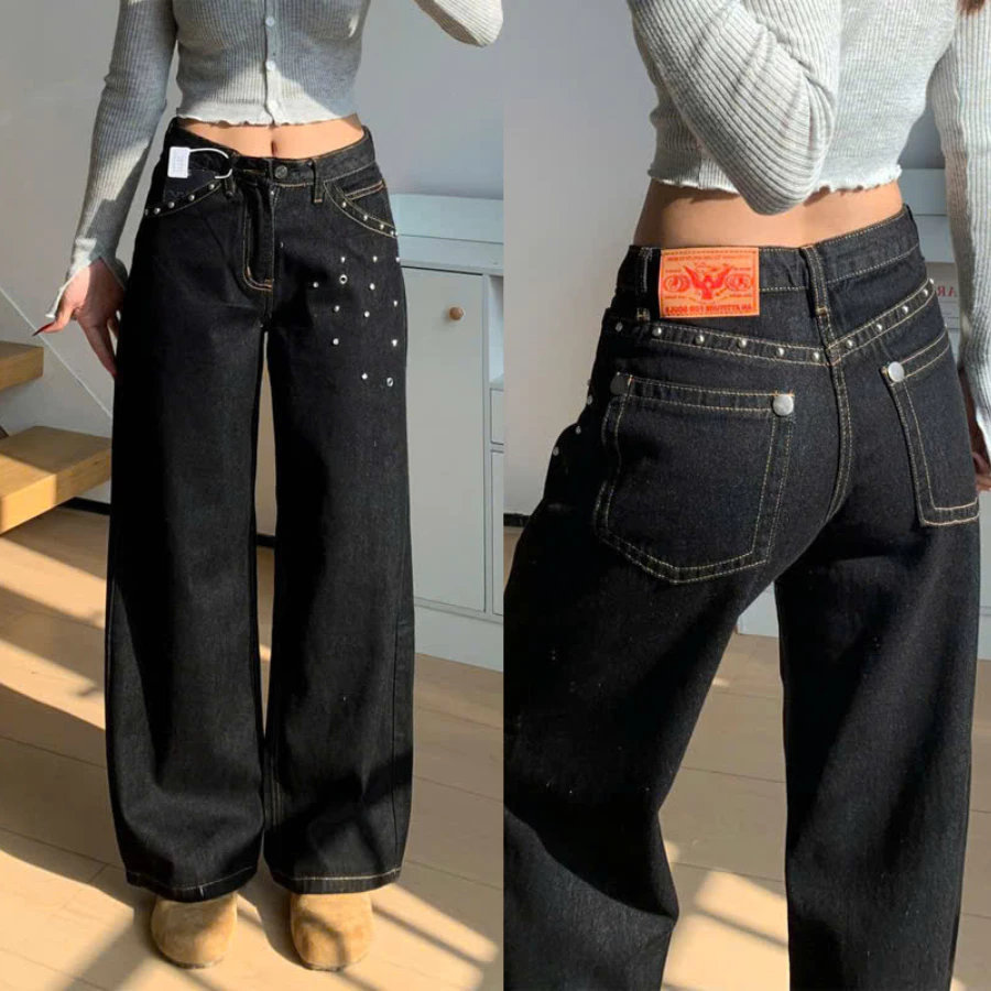 [DEAL MỎ BÁN] Dark Muse Jeans – Quần Jean Đen Ống Rộng Đính Đinh