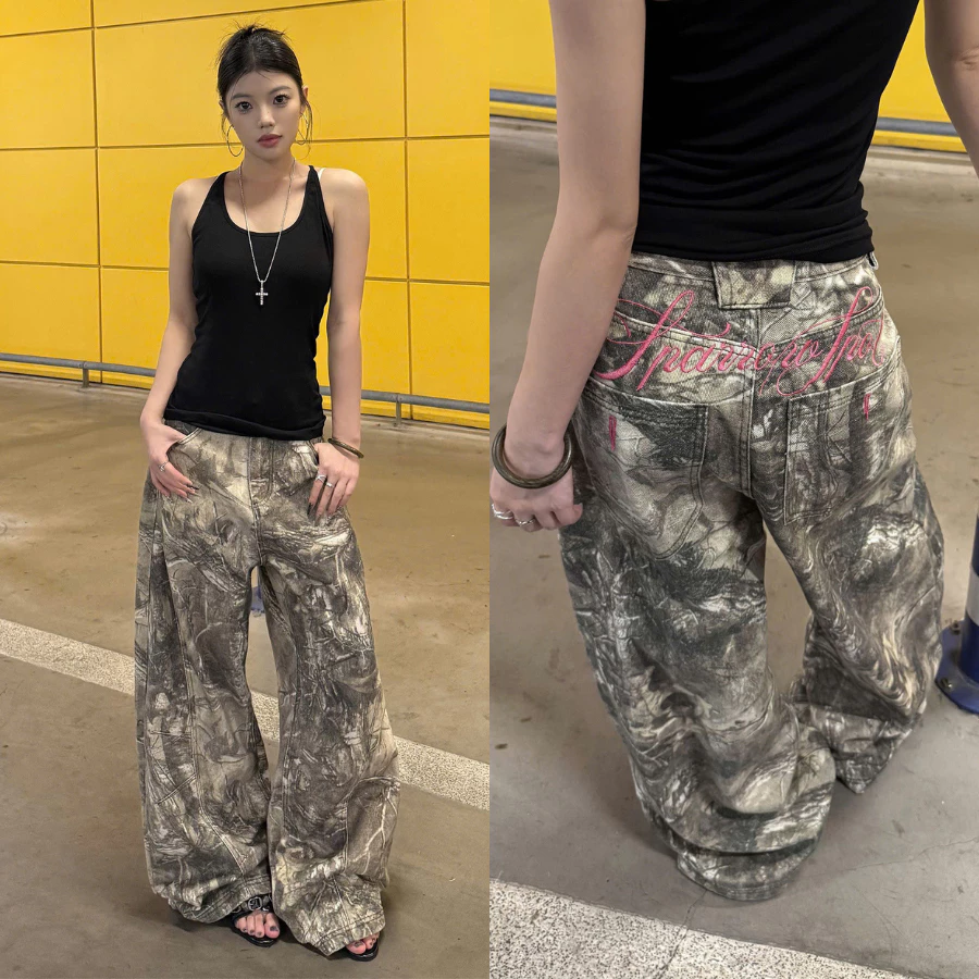 [DEAL MỞ BÁN] Quần wide leg nữ họa tiết bleach loang toàn thân phong cách streetwear