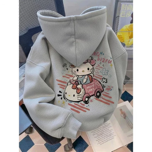 Áo Hoodie Zip Nữ  XE Hello Kitty Form Rộng Ulzzang Nỉ Bông Dày Mịn ( CÓ TÚI TRONG ), Áo Khoác Có Mũ In Hình Dễ Thương