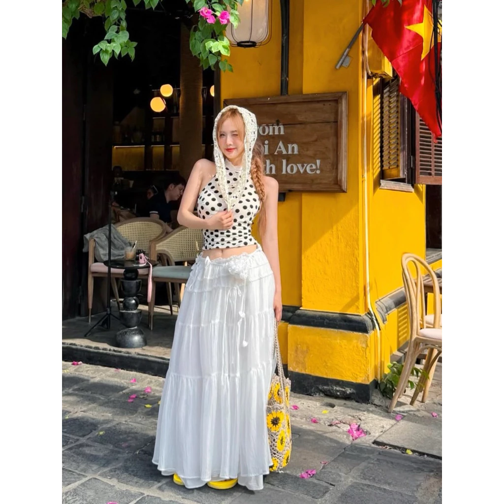 Chân váy maxi voan trắng nhiều tầng dáng dài boho, lưng thun rút dây co giãn, nhẹ bay đi biển du lịch chụp ảnh