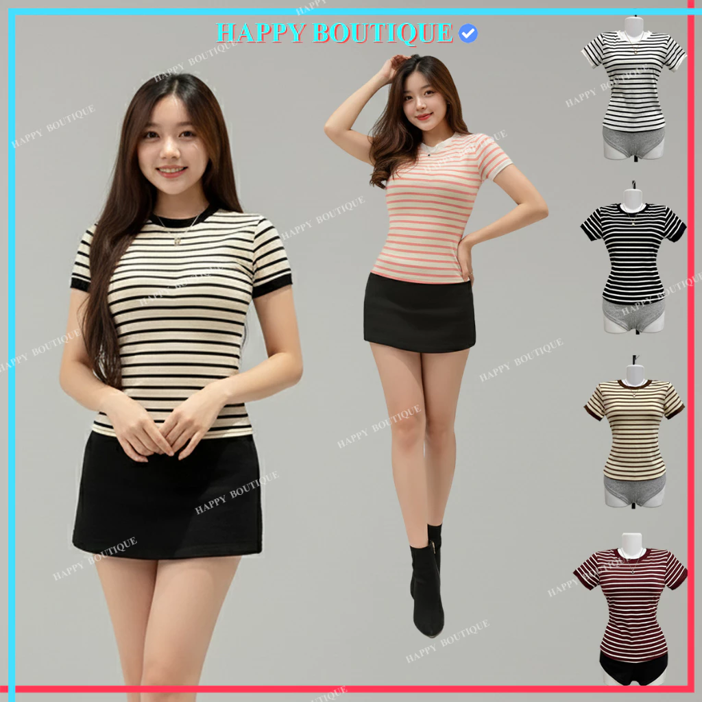 [MỞ BÁN] Áo Thun Sọc Viền Nữ Ôm Dáng Chiết Eo Basic Cotton Mềm Mịn HAPPY BOUTIQUE