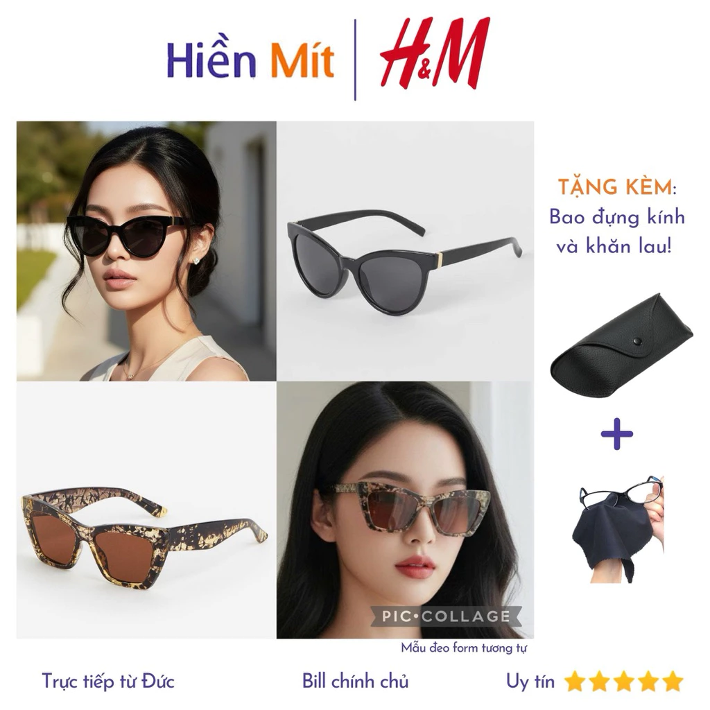 H&M Đức - 50 Mẫu kính chống tia UV râm chuẩn auth authentic chính hãng mắt mèo kim loại nâu HM hồng đen nam nữ SALE mát