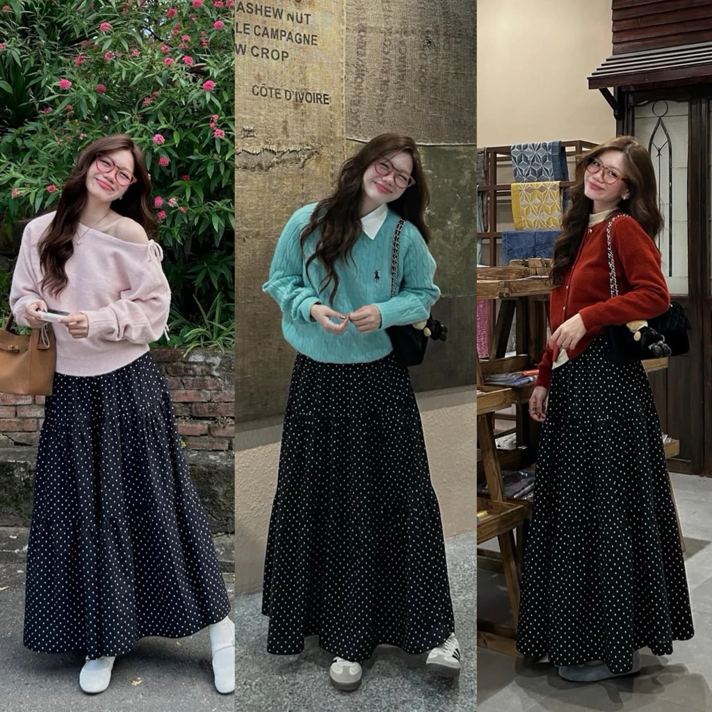 (HÀNG LOẠI 1) Chân váy midi chấm bi 3 tầng dáng dài form xoè rộng dễ phối đồ