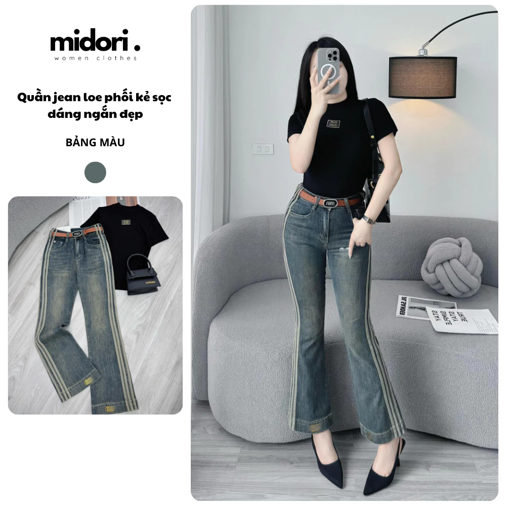 Quần Jean Nữ Ống Loe Dài 90cm Cạp Cao, Quần Bò Jean Loe Hach Dáng Phỗi Sọc Midori Shop SS15