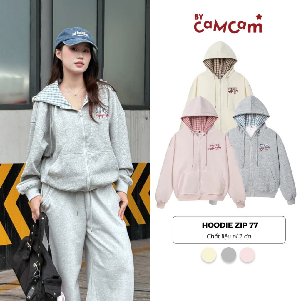 Áo Hoodie Zip Phối Caro Nỉ 2 Da 𝑩𝒚𝒄𝒂𝒎𝒄𝒂𝒎 Thêu 77 Foreveryoung Form Rộng Nam Nữ AHOD262