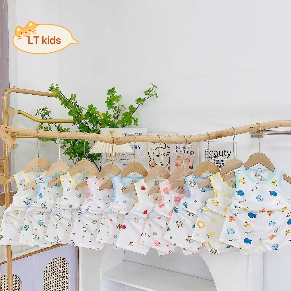 Combo 3-5 Bộ Ba Lỗ Phối Viền Nền Trắng In Họa Tiết Chất Thun Peptit Mềm Mại Cho Bé 3-13kg