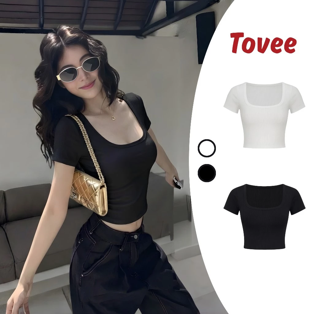 Áo Croptop TAY NGẮN CỔ VUÔNG Chất Thun Gân CR73, Áo Thun Ôm Body Kiểu Trơn Nữ Đẹp Tôn Dáng TOVEE