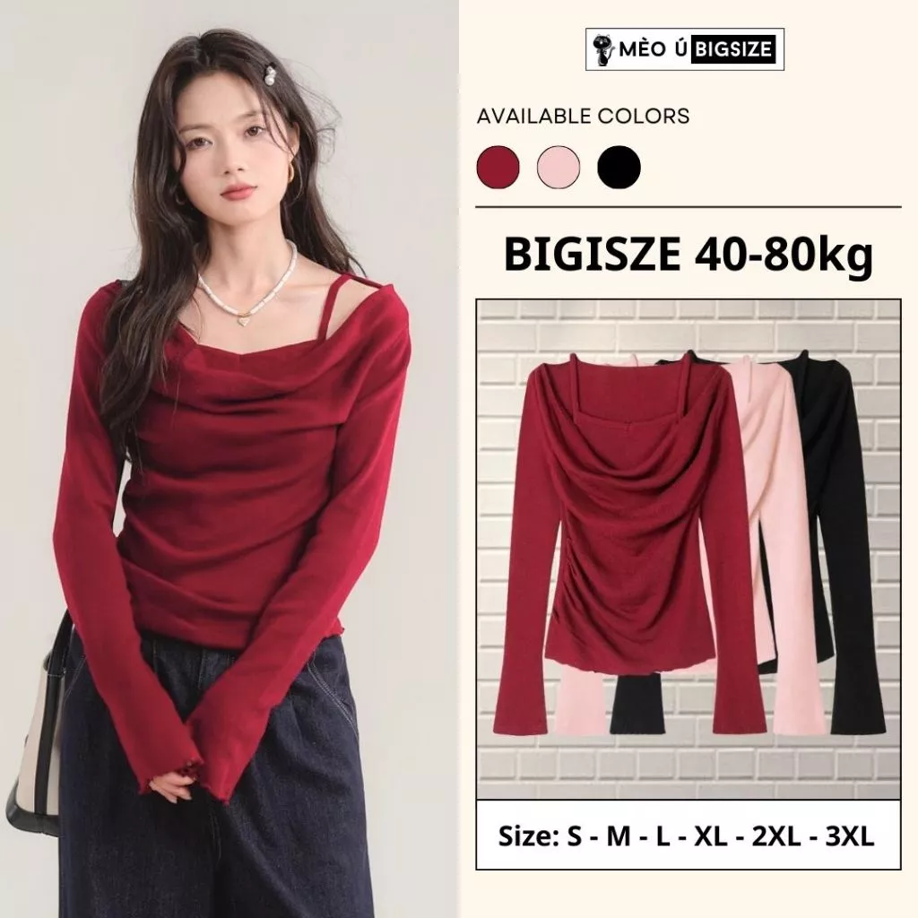 Áo thun nữ Bigsize dài tay chất liệu thun giấy nhún eo viền bèo hai dây kèm yếm siêu xinh 392