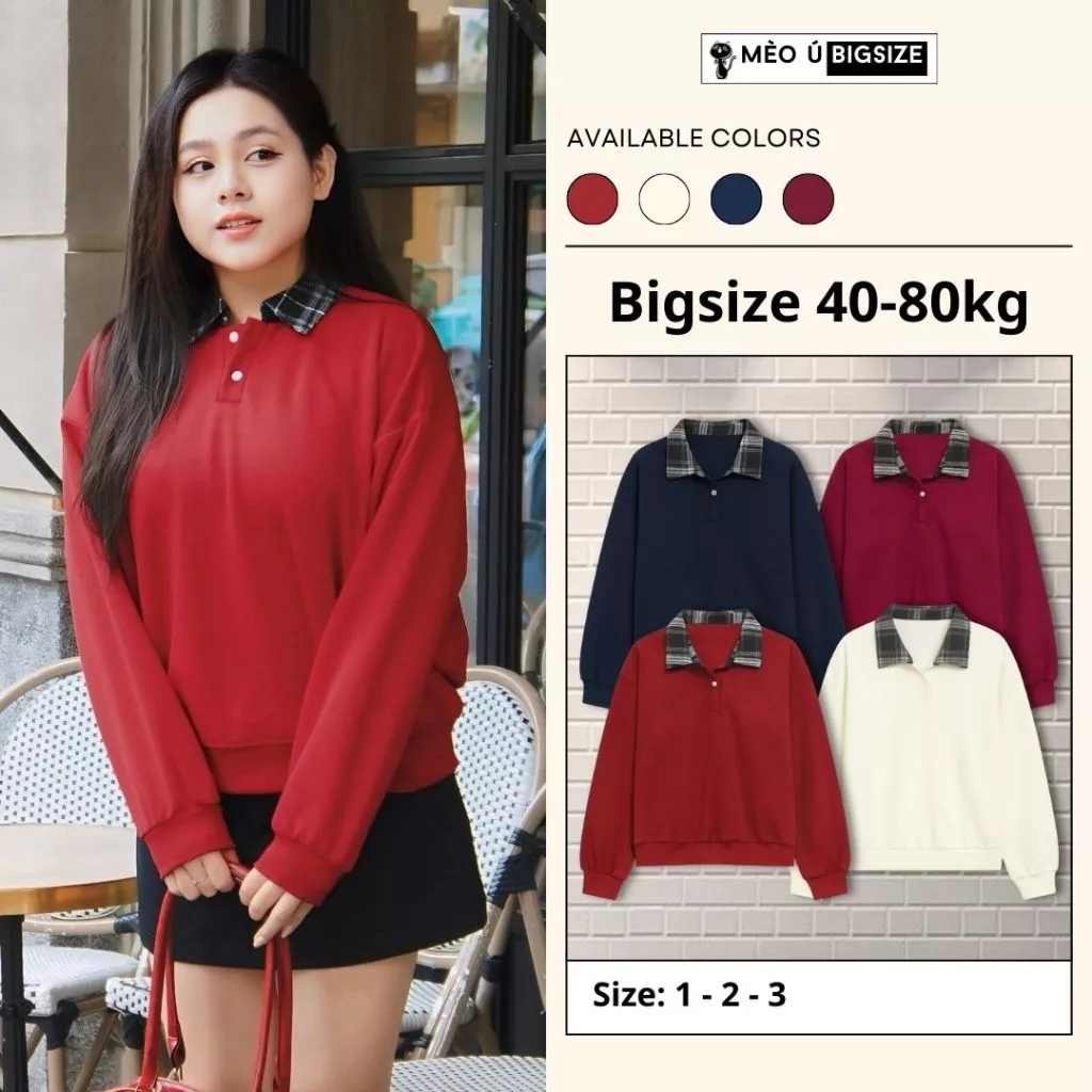 Áo sweater nữ BIGSIZE Mèo Ú áo nỉ trơn phối cổ bẻ sơ mi caro cài nút basic Hàn Quốc dễ thương 3900
