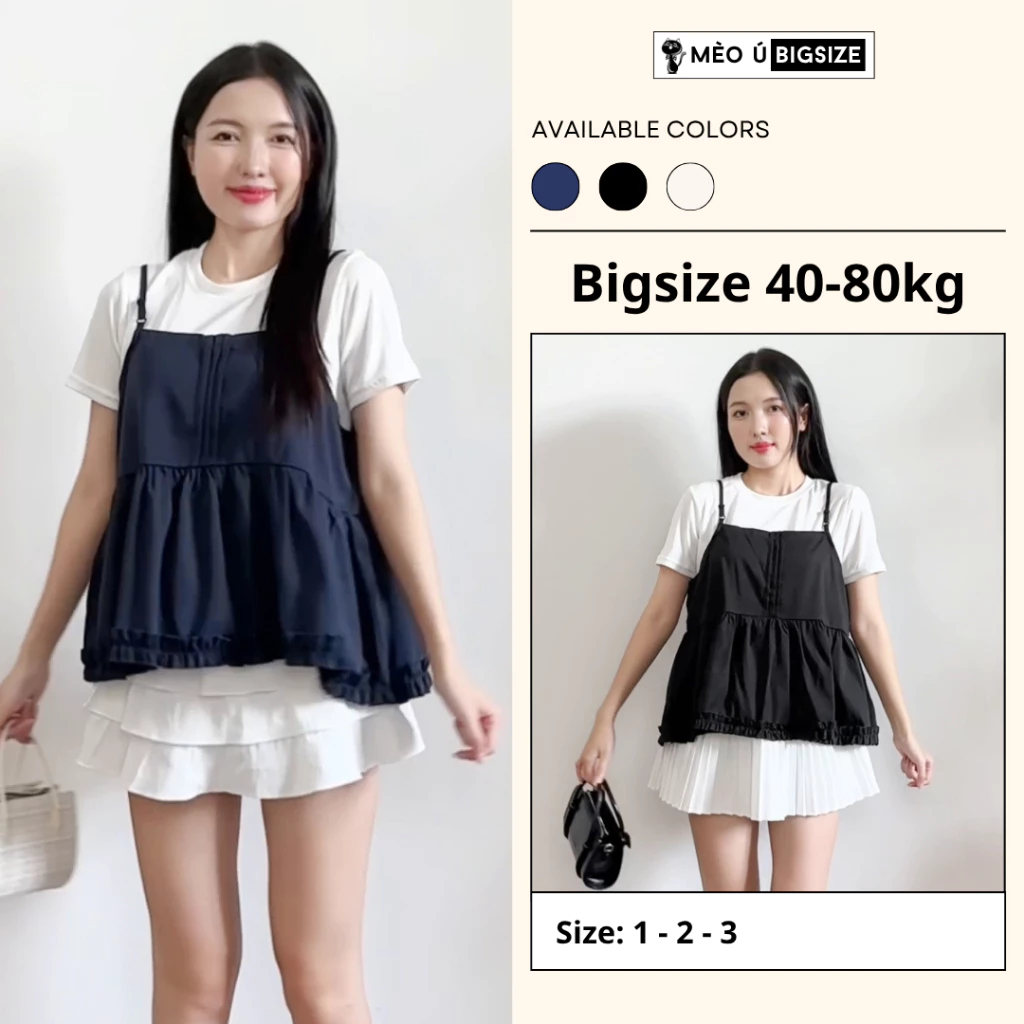 Set áo nữ BIGSIZE Mèo Ú áo thun trơn cộc tay kèm áo 2 dây xếp ly viền bèo phong cách babydoll nữ tính hack dáng 389