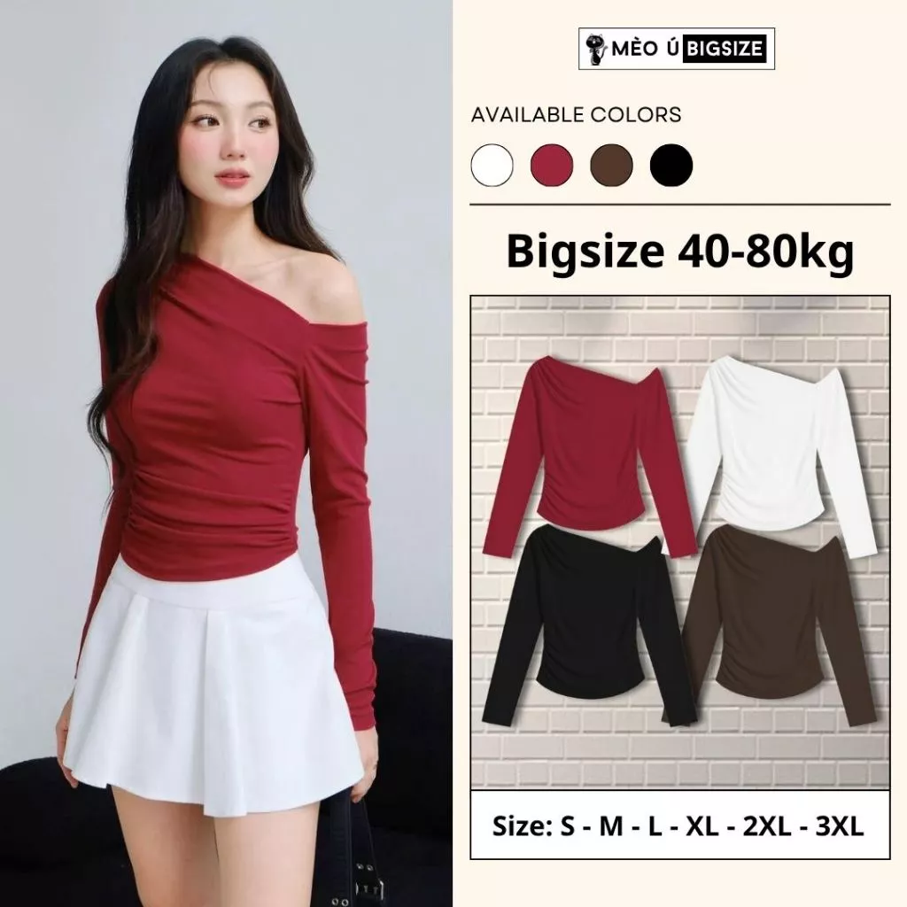 Áo thun nữ BIGSIZE Mèo Ú áo thun dài tay thiết lệch vai nhún eo cá tính năng động phong cách Hàn Quốc 3111