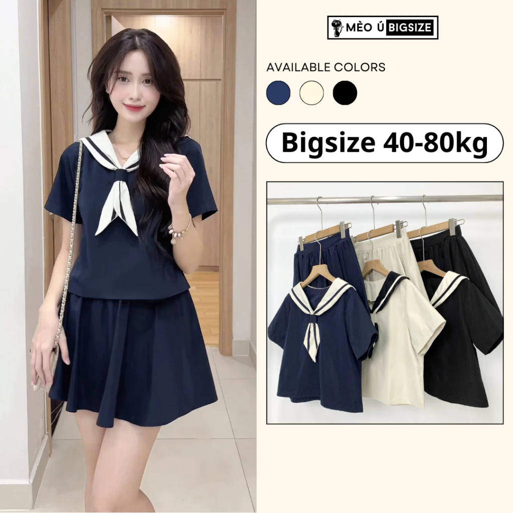 Set đồ nữ BIGSIZE áo cộc tay cổ phối vạt khăn thủy thủ kèm chân váy ngắn xòe 1906