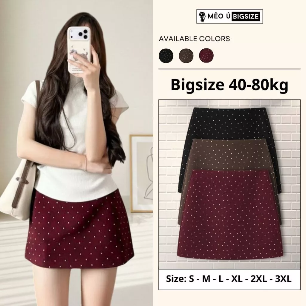 Chân váy nữ BIGSIZE Mèo Ú chân váy dáng ngắn form chữ A chất dạ ép khóa kéo sau họa tiết chấm bi phong cách Hàn Quốc 590