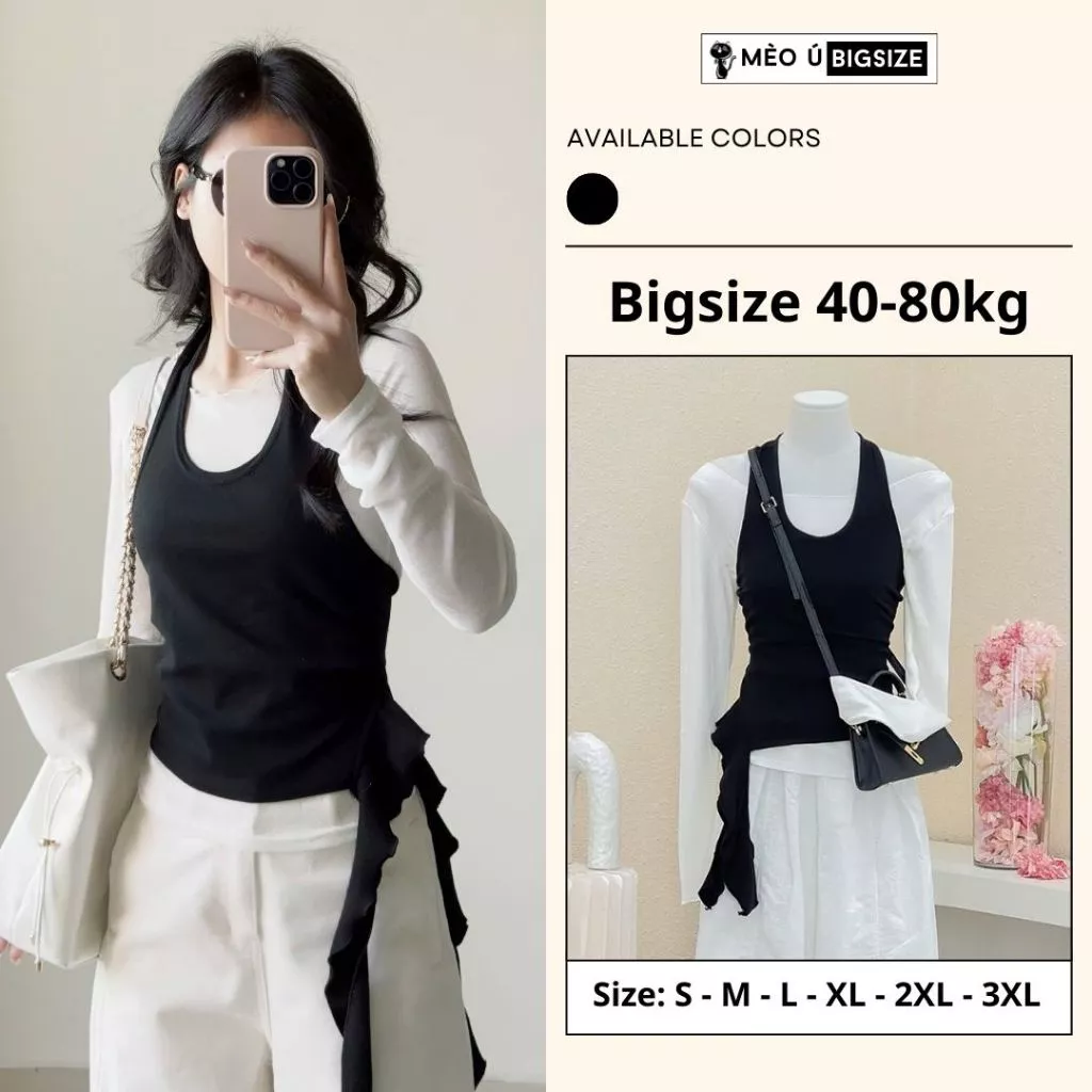 Set áo nữ BIGSIZE Mèo Ú áo thun dài tay form rộng mix yếm vạt lệch cá tính phong cách Hàn Quốc 340