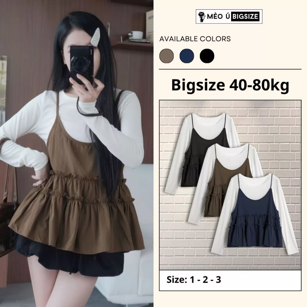 Set áo nữ BIGSIZE Mèo Ú áo thun trơn cổ bèo dài tay form rộng kèm áo babydoll 2 dây nhún tầng nữ tính hack dáng 390