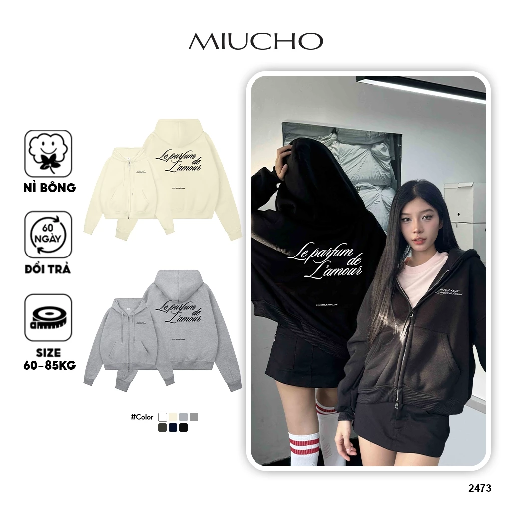 Áo Khoác Hoodie Zip Boxy MIUCHO 2473 Nỉ 2 Da Cao Cấp Dày Dặn Basic Dễ Phối In Typography
