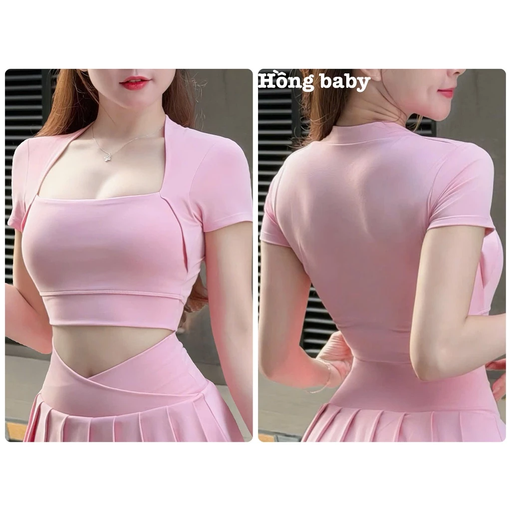 Áo Croptop Tập Gym, Yoga Nữ Tay Ngắn Cổ Vuông Tôn Vòng 1