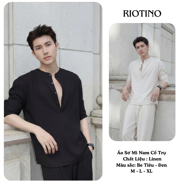 Áo Sơ Mi Nam Cổ Trụ Form Rộng RIOTINO, Áo Sơ Mi Nam Linen Cao Cấp, Phong Cách Hàn Quốc Dáng Oversized QL01