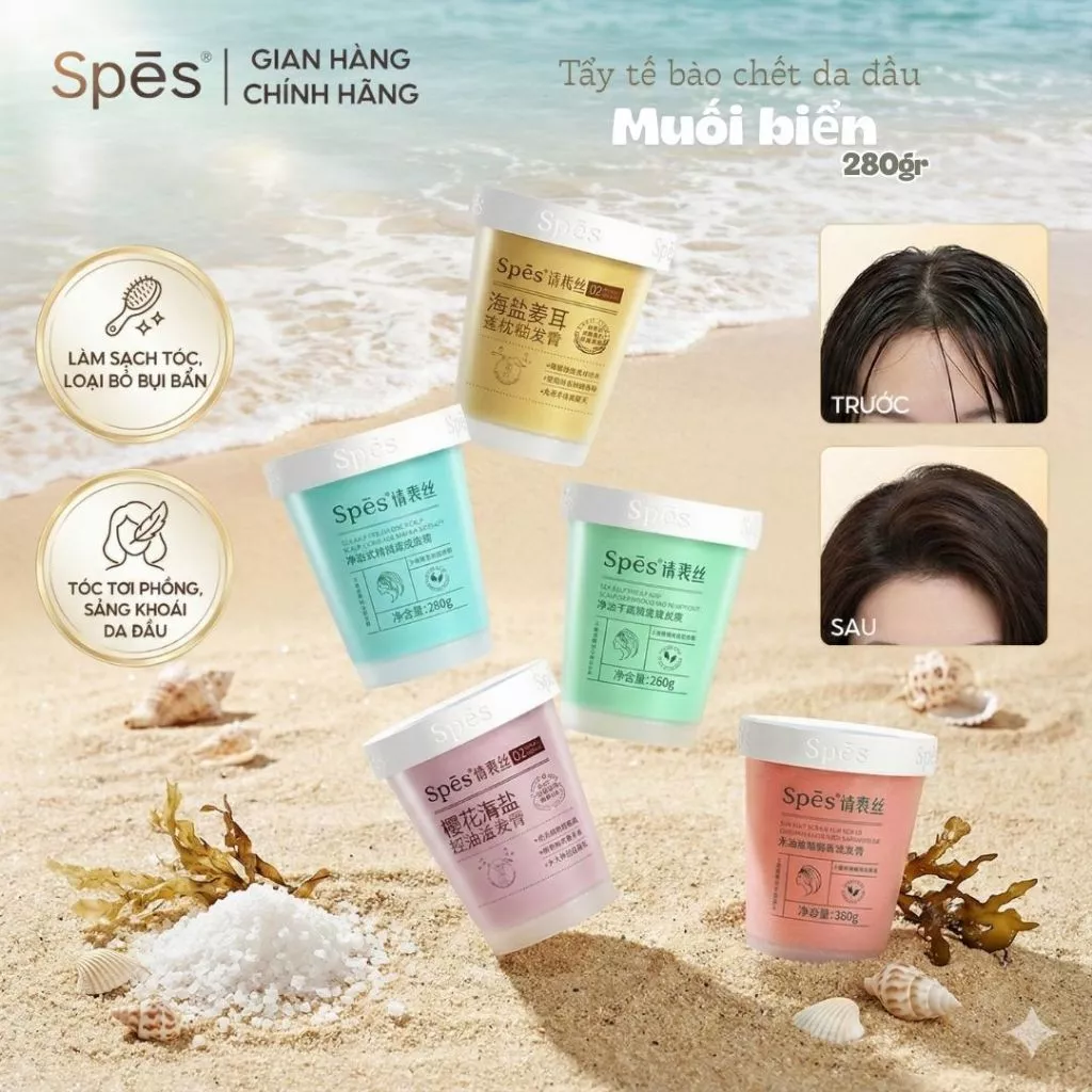 Tẩy tế bào chết da đầu SPES  - Muối biển làm sạch bụi bẩn, bã nhờ trên da đầu, giúp tóc bồng bềnh suôn mượt