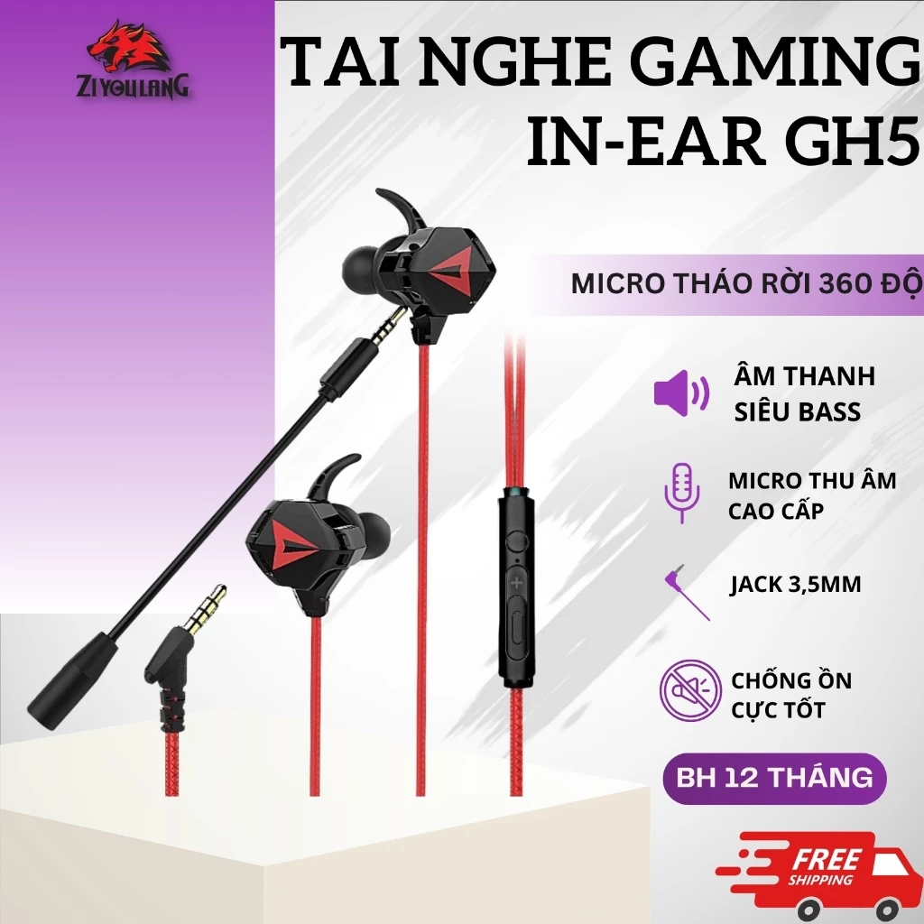 Tai Nghe Gaming Có Dây GH5 Chống Ồn Cực Tốt Âm Thanh Super Bass, Micro Rời, Phù Hợp Mọi Thiết Bị