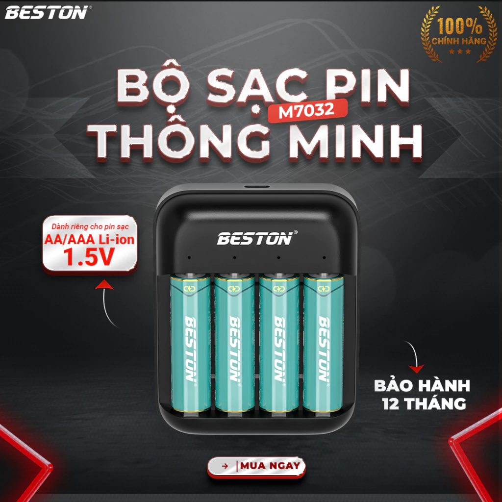 Bộ sạc và Pin Li-ion 1.5V Beston M7032 , cổng type-C  sạc nhanh tự ngắt dành cho pin AA và AAA, có đèn báo