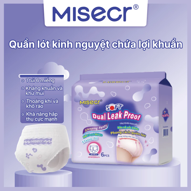 Băng vệ sinh dạng quần có lợi khuẩn Misecr, kháng khuẩn và khử mùi, 6 miếng/gói