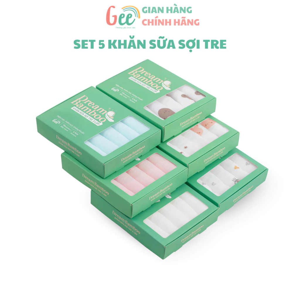 Khăn sữa sợi tre Gee 2-3 lớp, set 5 khăn kích thước 30x30cm, khăn xô cho bé sơ sinh, mềm mịn, thấm hút, kháng khuẩn