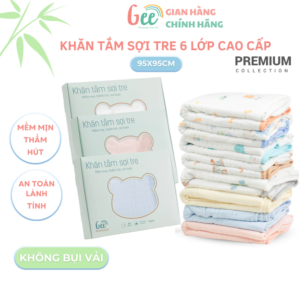 Khăn tắm sợi tre Gee 6 lớp premium siêu mềm mướt, không bụi vải, thấm hút, an toàn, lành tính cho bé sơ sinh, 95x95cm