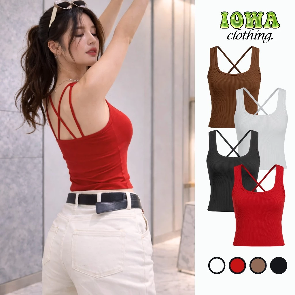 Áo Thun Ba Lỗ Nữ Cổ Vuông Đan Chéo Lưng Có Mút Ngực IOWA DD03 - Thun Gân Co Giãn 4 Chiều