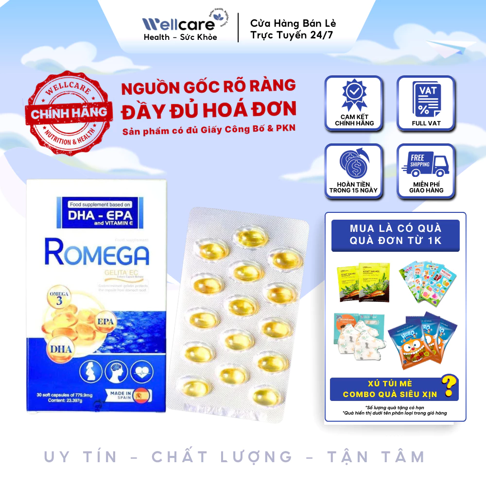 [✨CHÍNH HÃNG] Viên uống Romega bổ sung Omega3, DHA, EPA, Vitamin E Tốt cho mắt, não bộ, tim mạch - Hộp 30 viên
