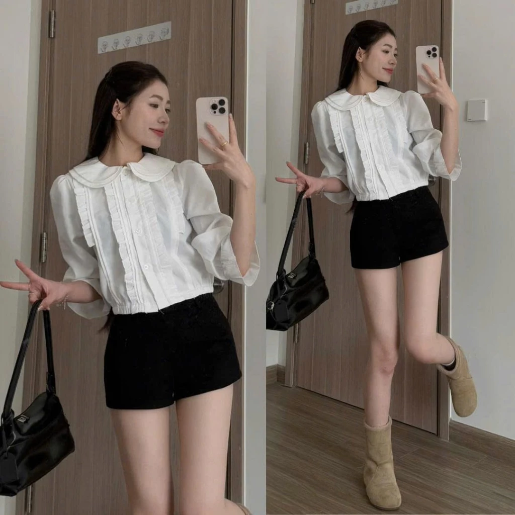 Áo Sơ Mi Nữ Cổ Sen Vạt Ly Dọc Phối Viền Bèo Basic Dễ Phối Đồ SM88