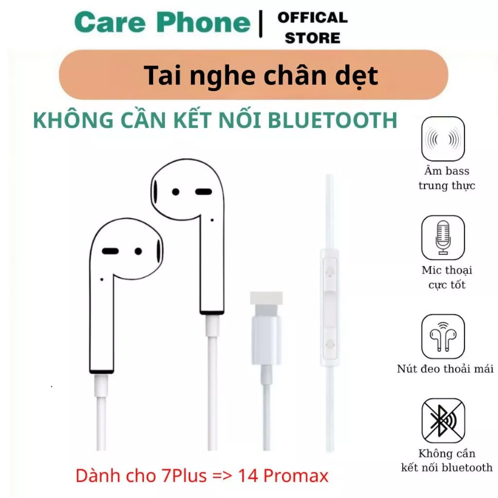 Tai nghe dây chân dẹt KHÔNG CẦN KẾT NỐI BLUETOOTH có mic cho táo 7/8Plus/X/Xr/XsMax/11/12/13/14ProMax