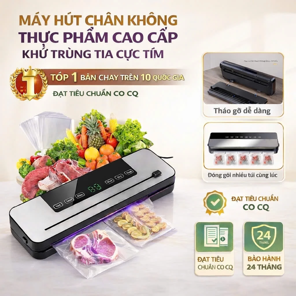 Máy Hút Chân Không PVL - Hoàn Toàn Tự Động, Máy Đóng Gói Thực Phẩm Hàn miệng túi Khử Trùng Bằng Tia Cực Tím- BH 2 Năm