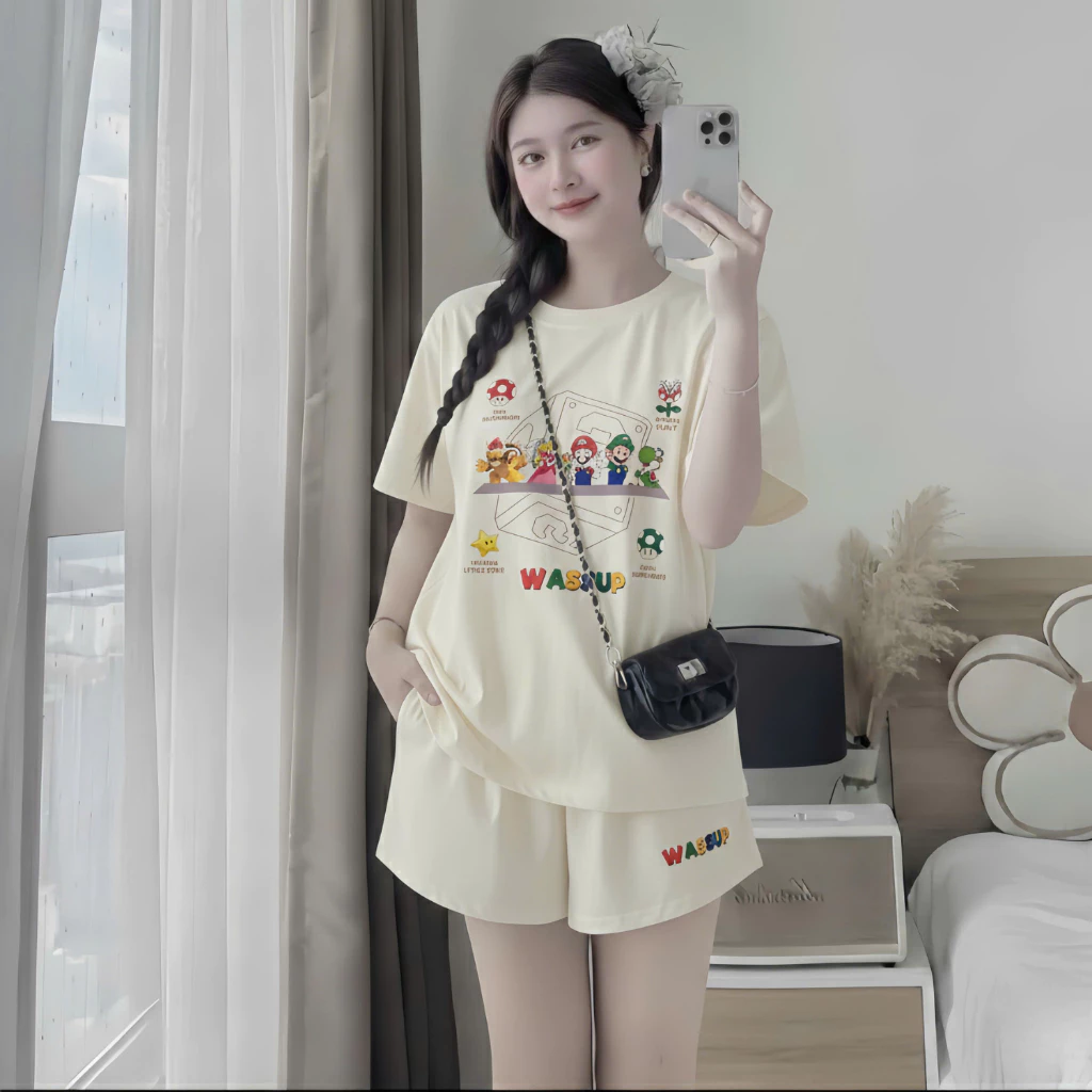 Set Áo Thun Nữ In Hình Mario Dễ Thương Kèm Quần, Vải Cotton Thoáng Mát, Form Rộng Hình Mario Genz