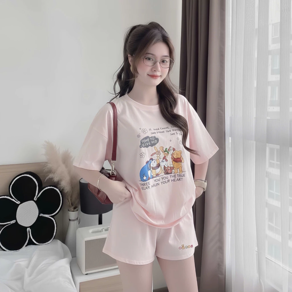 Set Áo Quần Thun Nữ , Vải Cotton Mềm Mịn, In Hình Dễ Thương, Form Rộng Thoáng Mát Hình những người bạn nhỏ Genz