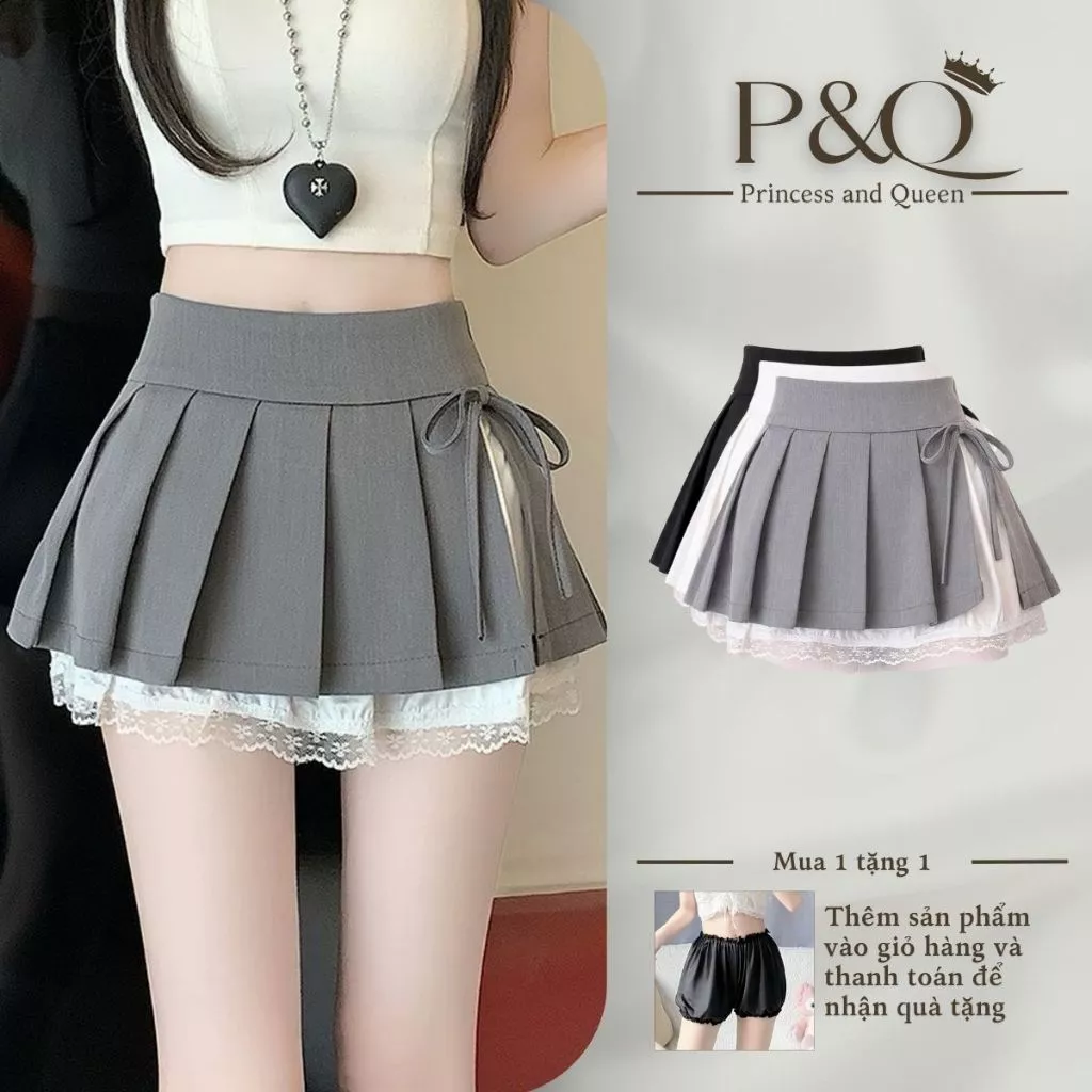 Chân Váy Mini P&Q Xếp Ly 2 Lớp Phối Ren Gắn Nơ Phong Cách Hàn Quốc | cv0001