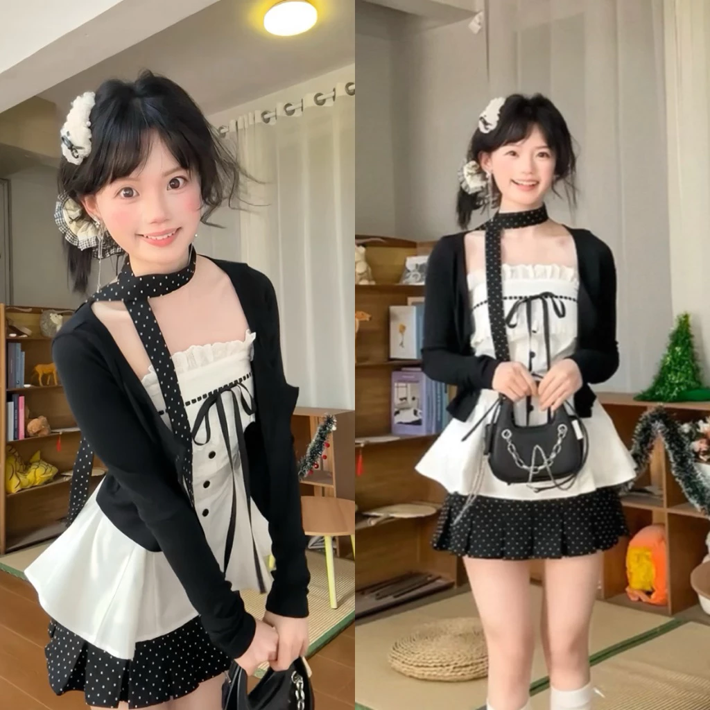 Set áo corset trắng phối cardigan đen + chân váy chấm bi tầng phong cách tiểu thư Hàn Quốc mặc đi biển, đi chơi du lịch
