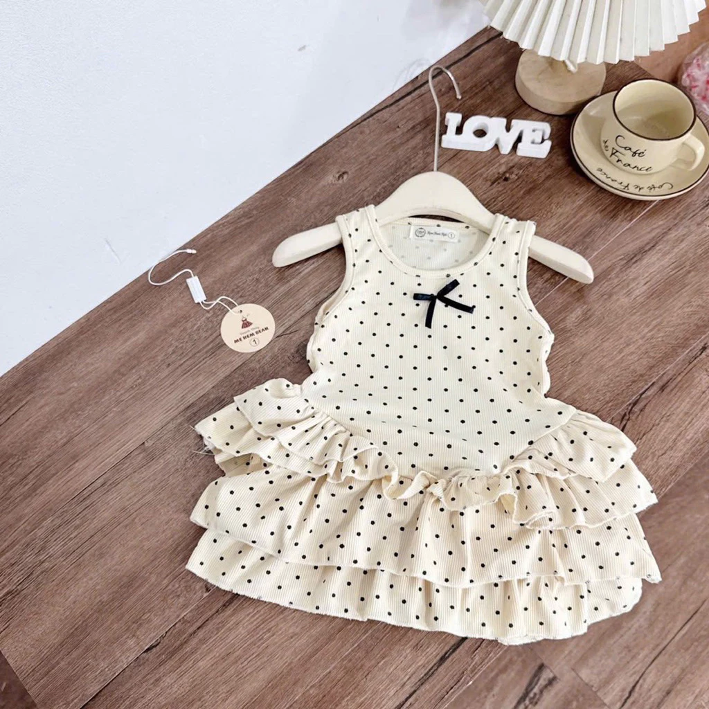(Mở bán ) Váy bé gái sát nách chấm bi phối bèo tầng hottrens siêu xinh(10-35kg)