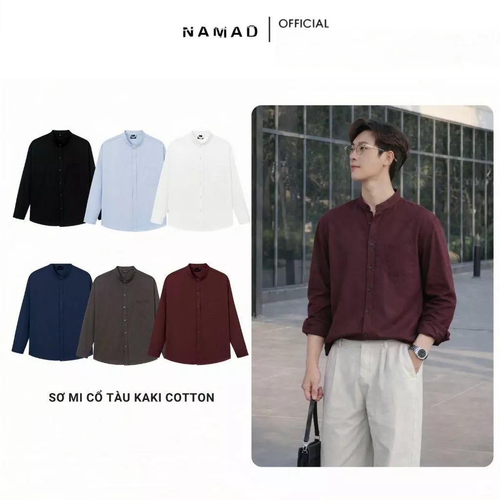 Áo sơ mi nam Namad cổ Tàu dài tay, Kaki cotton thấm hút mồ hôi, Form rộng K007