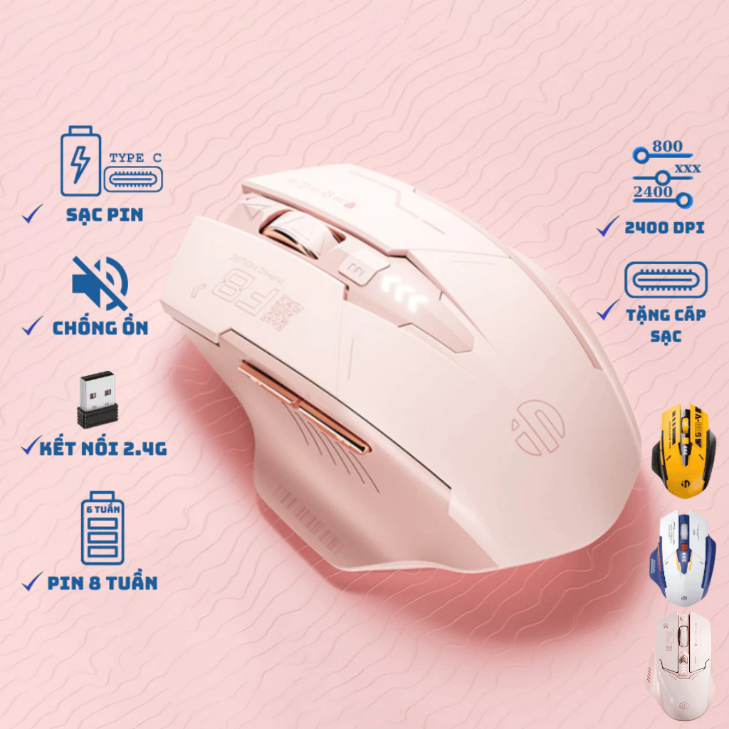 Chuột Máy Tính Không Dây Gaming Màu Hồng Maxcotech Inphic F8 Sạc Pin Chống Ồn Kết Nối Wireless USB 2.4g Độ nhạy 2400DPI
