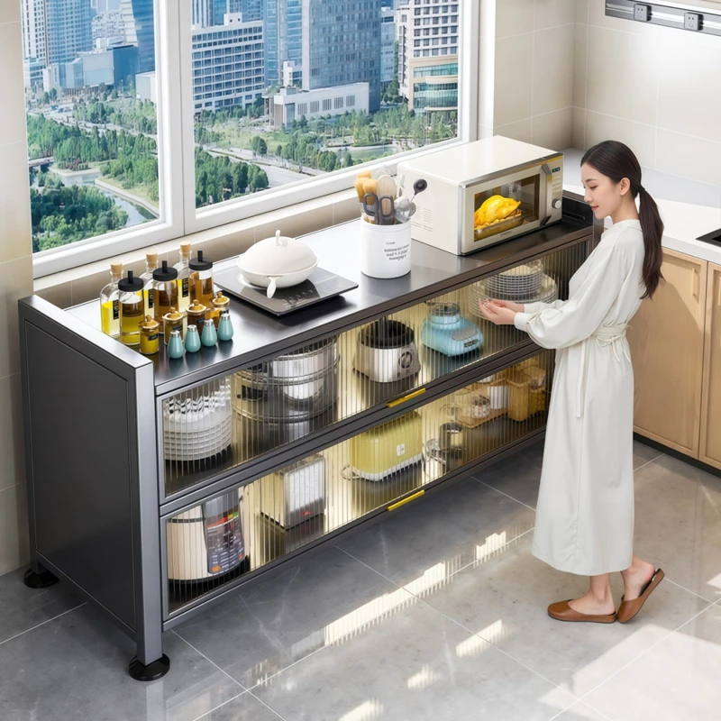 Tủ nhà bếp 3 tầng đa chức năng Tích hợp lưu trữ + bàn làm việc 2 trong 1 Chất liệu thép carbon dày Bịt kín 6 mặt 111