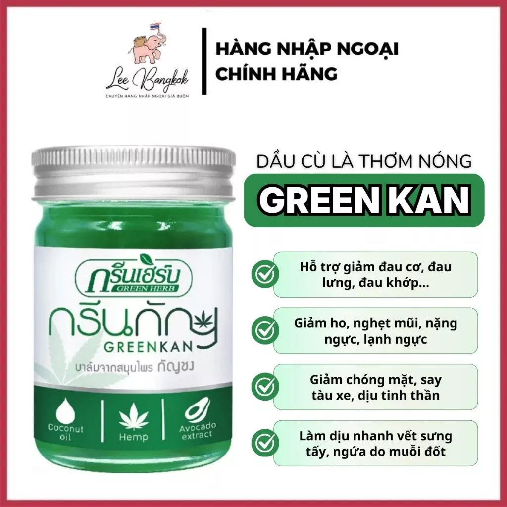 [SALE 50%] Dầu Cù Là Thơm Nóng Green Kan Green Herb Giảm Đau Nhức, Chóng Mặt, Say Xe, Làm Ấm Thái Lan 50g LEEBANGKOK