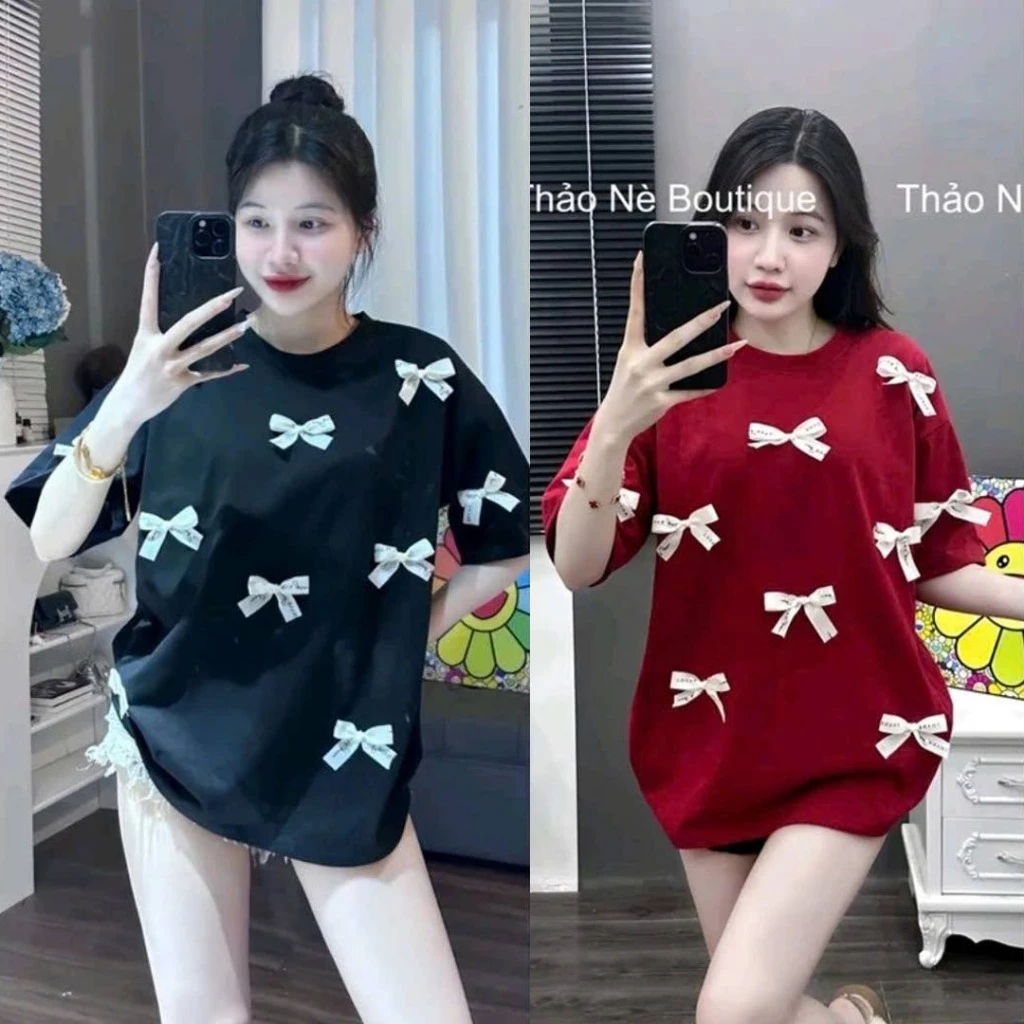 Áo Thun Tay Lỡ Nam Nữ Đính Nhiều Nơ Chuẩn From Nam Nữ Chất Cotton Mềm Mại Mát Mẻ