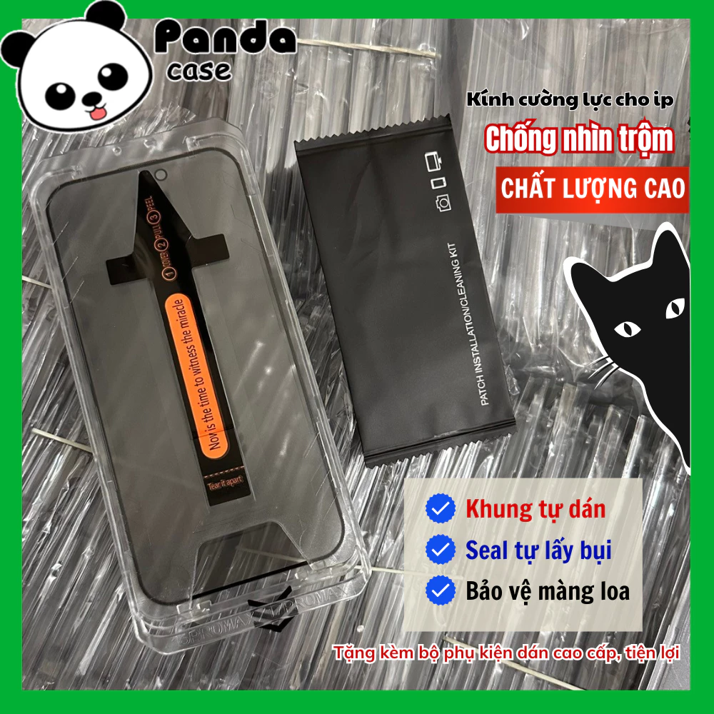 Kính cường lực iphone CHỐNG NHÌN TRỘM TỰ HÚT BỤI có khung dán, bảo vệ màng loa thế hệ mới - Panda Case